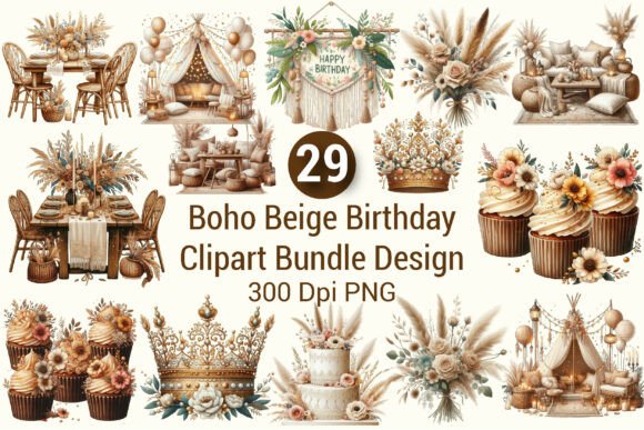 Download Boho Beige Birthday Clipart Bundle PNG - Bundle Collection