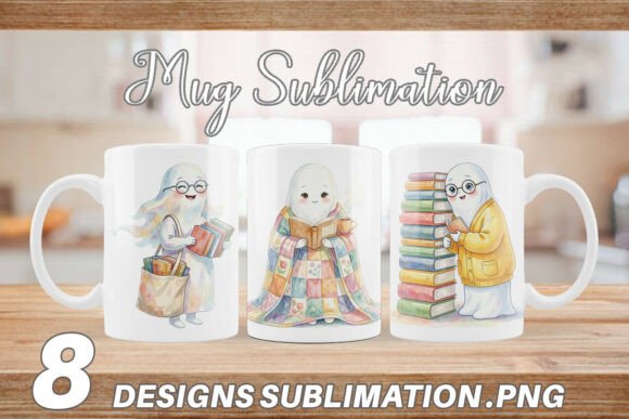 Download Watercolor Bookworm Ghost Mug Wrap PNG - Premium Bundle
